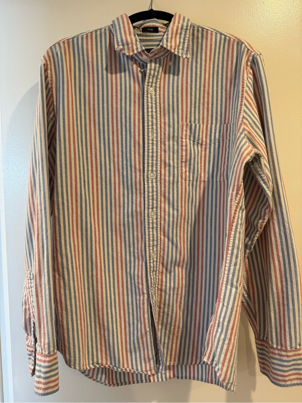 J. Crew Men's Long-Sleeve Striped Button-Down in Blue, Red & Cream